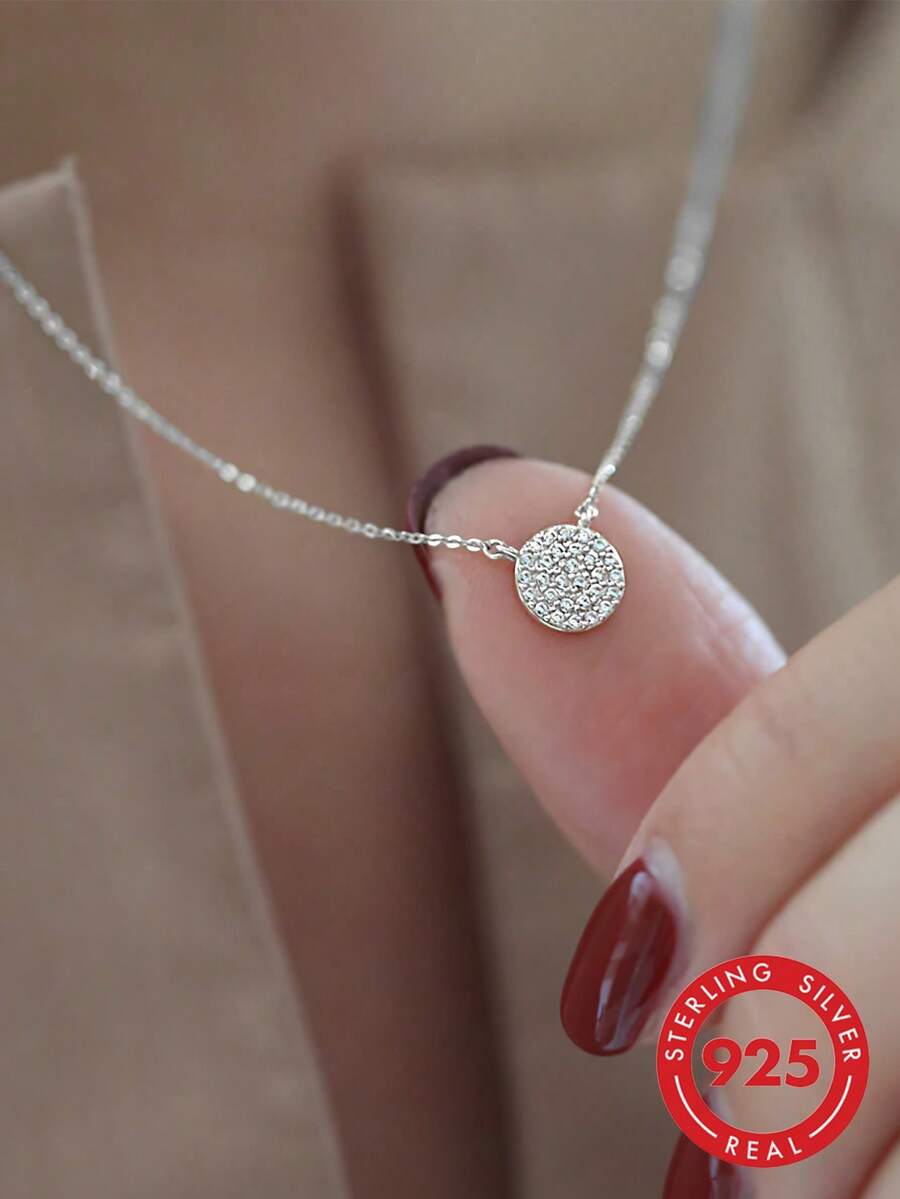 GAGAFEEL 1pc Elegant French Chic Style S925 Silver Paved Rhinestone Round Disc Necklace Chain, Luxury Vintage Charm Neckpiece, Birthday Gift For Women - Silver - View 1