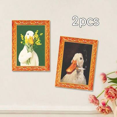 2pcs Wooden Photo Frame Fridge Magnets - Cute Duck Design Yellow Frame, Home Decor Refrigerator Magnets