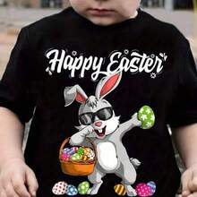 EasterCasual CHICFULL Easter Bunny Tee Casual Crew Neck Polyester T-Shirt Cartoon Rabbit Egg Print Slight Stretch Knit F - Black - View 1