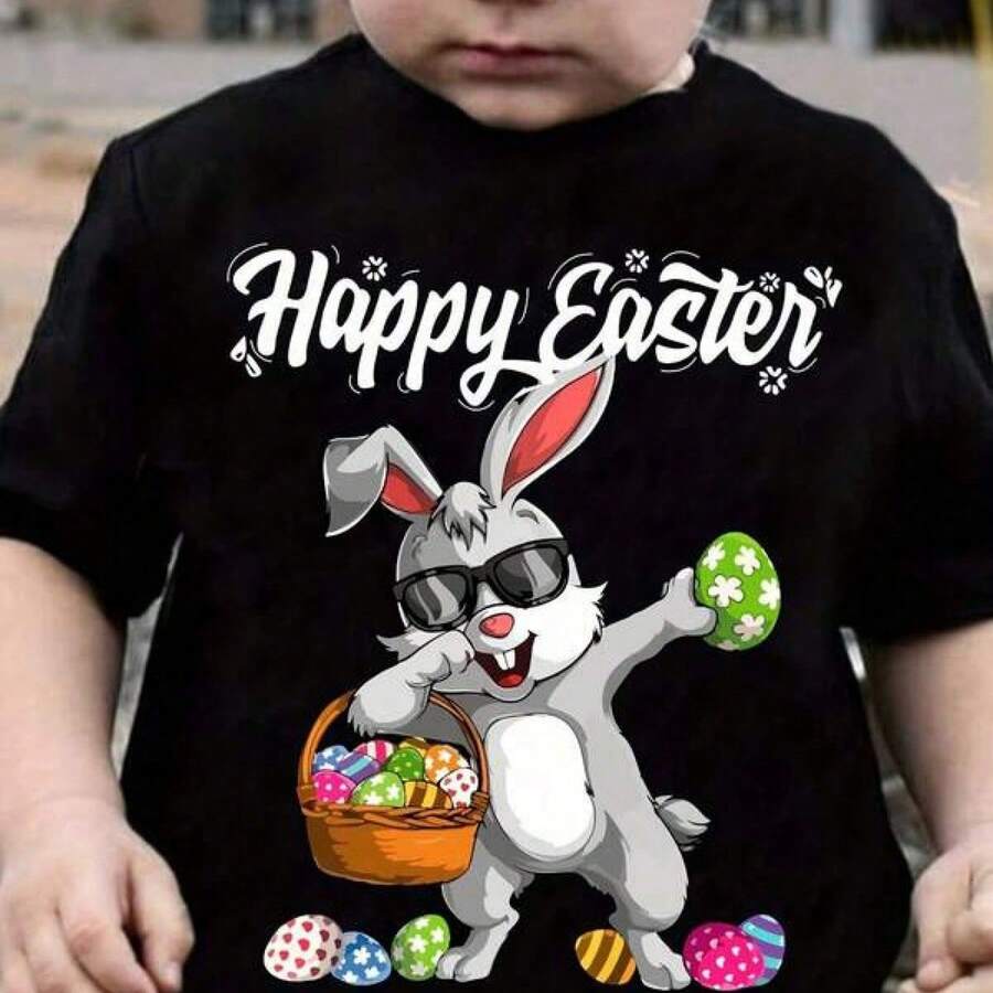 EasterCasual CHICFULL Easter Bunny Tee Casual Crew Neck Polyester T-Shirt Cartoon Rabbit Egg Print Slight Stretch Knit F - Black - View 1