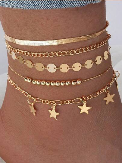 5 Peças/Conjunto Corrente de Tornozelo Multicamadas da Moda, Corrente Feita à Mão com Peças Redondas, Lantejoulas em Forma de Estrela de Cinco Pontas, Corrente de Tornozelo Multicamadas