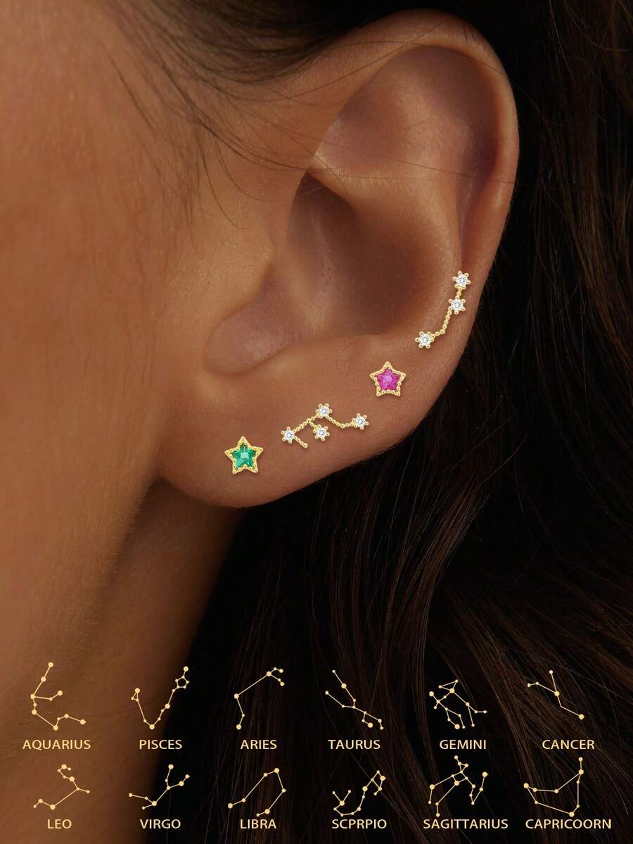 1 Đôi bông tai bất đối xứng hình 12 con giáp bằng bạc Sterling S925, không gây dị ứng. - Vàng - Xem 1