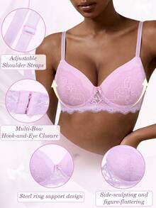 Sujetador con relleno y encaje para mujer - Soporte y elevación cómodos - Púrpura malva - Ver 4