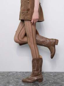 Women Vertical Stripe Sheer Pantyhose Patterned Tights Stretch Slim Fit Hosiery - Coffee Brown - View 3