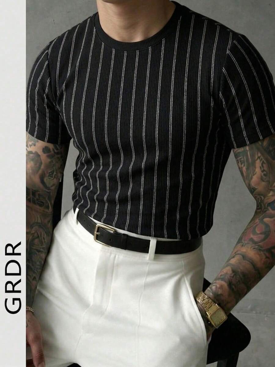 GRDR 男士时尚圆领短袖T恤 | 精致设计 | 夏季必备 | 百搭易穿 | 展现你的风格 - 黑色 - 查看 1