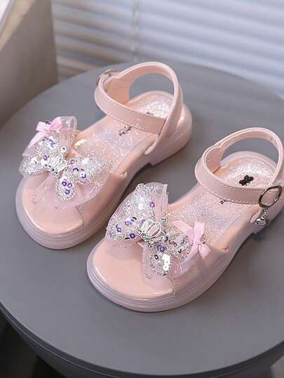 1 Pair Cute Baby Girls' Rhinestone Crown Sandals, 3D Butterfly Sequin Design, Soft Sole Non-Slip Children Shoes