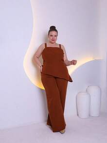 Women's Plus Size Tailored Set Consisting Of A Blouse And Wide-Leg Trousers C3090-2 - 鏽棕色 - 查看 6