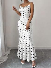 Women's Summer Dress, Polka Dot Spaghetti Strap Cowl Neck Bodycon Wedding Cocktail Mermaid Maxi Dress - 白底黑點 - 查看 4