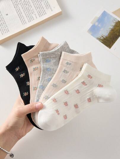 5 đôi tất cổ ngắn nữ mỏng nhẹ, thoáng khí, họa tiết hoa, thoải mái, thấm hút mồ hôi, thích hợp cho mùa xuân và mùa hè.