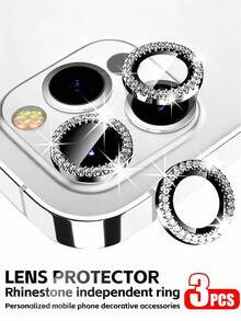 Alloy Glitter Rhinestone 3pcs Apple Camera Lens Tempered Glass Film, Metal Independent Lens Protector, Suitable For Phone Cases, Shiny Silver, Compatible With IPhone 17 Pro, 17 Pro Max, 17 Air, 16 Pro Max, 15, 14, 13, 12, 11, Mini, Plus, Pro Max Mother's Day Gift - Silver - View 1