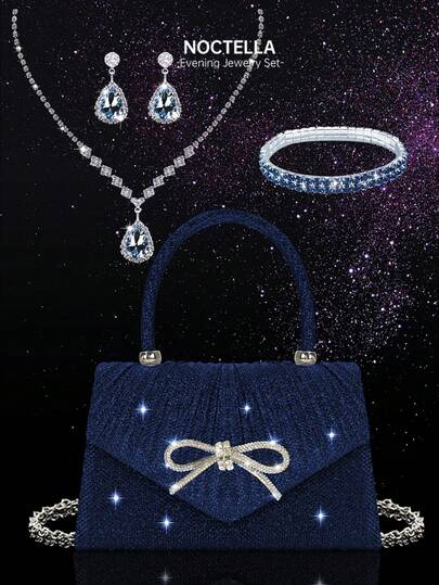 Noctella Shiny And Elegant Mini Bow Evening Bag For Women, With A Simple And Stylish Pleated Flap Handbag, Paired With A Delicate And Luxurious Jewelry Set Including Pendant Necklace, Bracelet, And Earrings, Suitable For Festive Parties, Balls, Gatherings, Banquets, Weddings, Etc., Making It The Best Choice For Gifting Girls