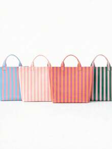 1pc Women's Striped Transparent Tote Bag, Large Capacity Glossy PVC Shoulder Bag, Lightweight Waterproof Beach Bag, Summer Travel Shopping Tote, Casual Fashion Tote Bag, Suitable Daily Commute And Travel, Beach Bags - 橙色和粉紅色條紋 - 查看 1