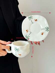 1pc Camel & Palm Tree Ceramic Cup & Saucer Set, Minimalist Embossed Handmade Porcelain Coffee Mug & Plate, Creative Ins-Style Household Mug, Paired With Dessert Plate, Ceramic - Suitable For Various Coffee & Tea, Ideal Gift For Women/Men Birthday - Multicolor - View 11