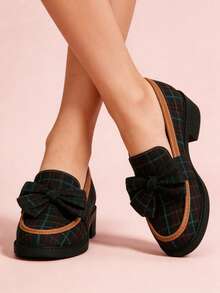 Women's Plaid Bow Decor Loafers, College Style - Dark Green - View 2