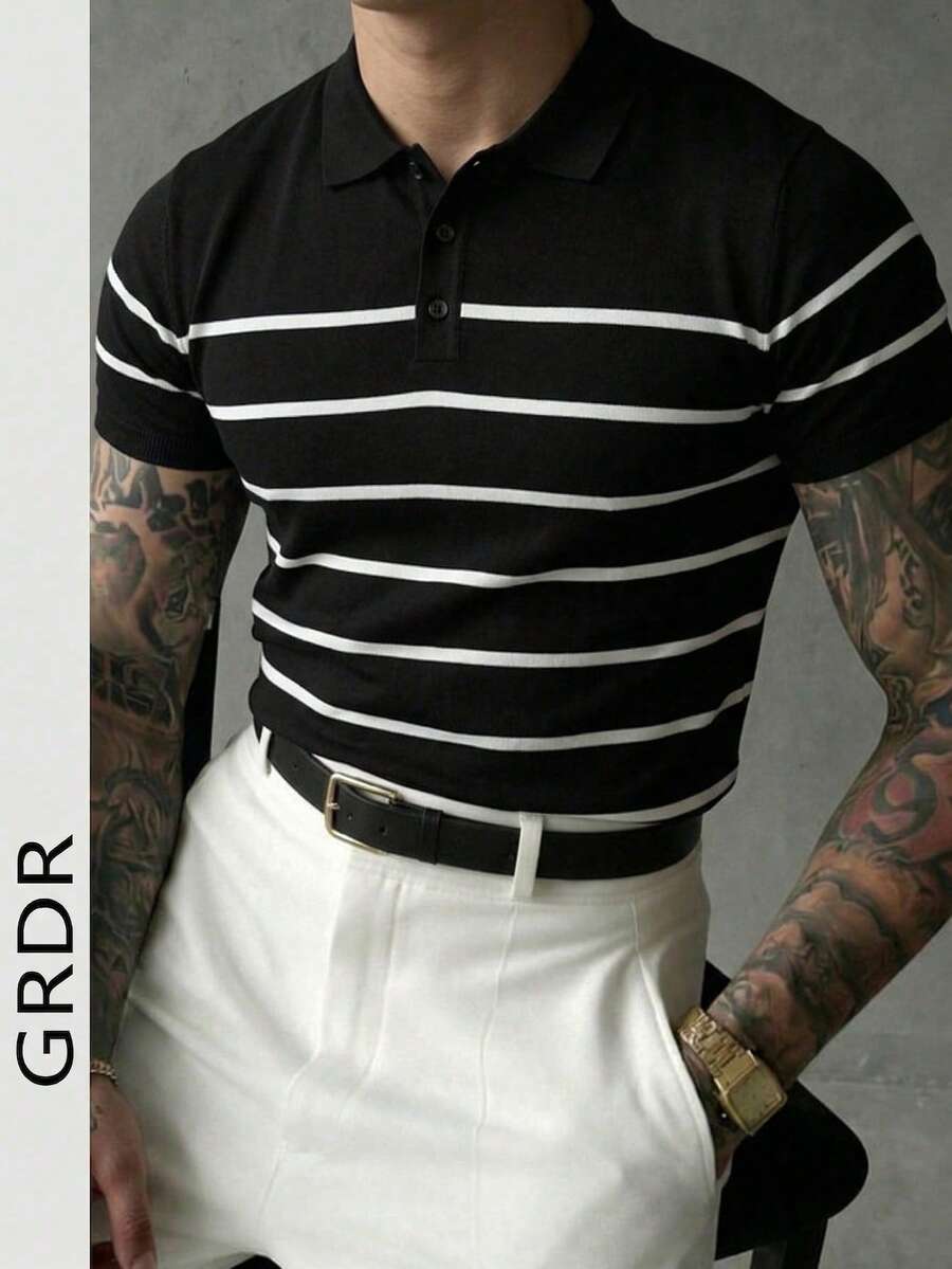 GRDR Men's Classic Striped Polo Collar Knit Short Sleeve Sweater, Suitable For Casual Versatile Short Sleeve - Black - View 1
