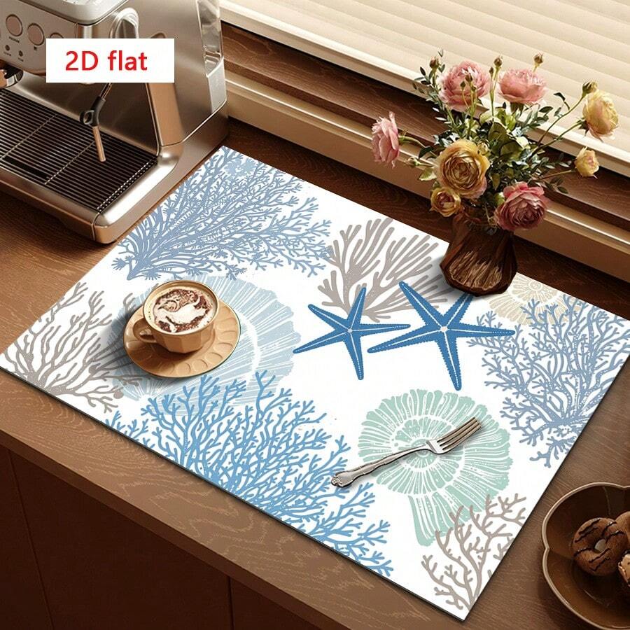 1pc Dish Drying Mat, Coffee Machine Mat, Absorbent Pad With Starfish And Seashell Pattern In Ocean Style, Multipurpose Drainage Mat For Dining Table And Cafe, Home Gift, Desktop Decor