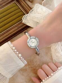 1pc Petite Gold/Silver Vintage Luxury Women's Quartz Watch, Fashionable Minimalist Elegant For Daily Wear, Birthday Gift - 銀色 - 查看 5