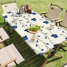 1pc White Base Blue Flower Elastic Table Cover, Waterproof Oilproof Outdoor Camping Picnic Rectangular Tablecloth Home Decor - A - View 9