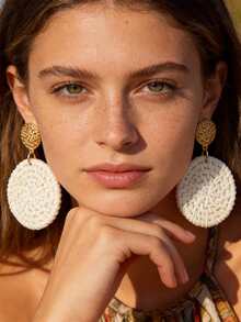1/4pairs Rattan Earrings For Lightweight Geometric Statement Earrings Handmade Straw Wicker Braid Teardrop Hoop Drop Dangle Earrings - White - View 4