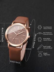 Set de 2 piezas: Reloj de pulsera de mujer de cuarzo con esfera minimalista + Pulsera con dije de corazón, sin caja de reloj incluida - Marrón - Ver 5