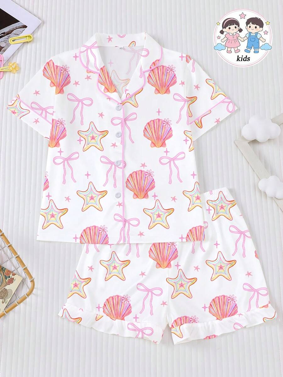 2pcs/Set Kids Colorful Seashell & Starfish Print Pajamas, Short Sleeve Shirt And Ruffle Hem Shorts Set, Ocean Theme Print With Gradient Seashell Rainbow Pattern, Suitable For Children And Teens Daily Wear, Vacation And Loungewear - White - View 1