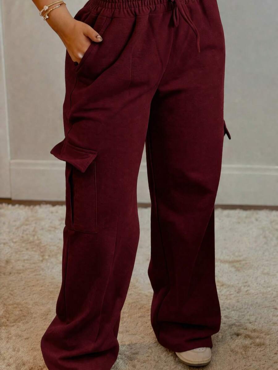 Women's Wide-Leg Cargo Pants With Fleece Lining And Cargo Pockets For Winter. - 酒紅色 - 查看 1