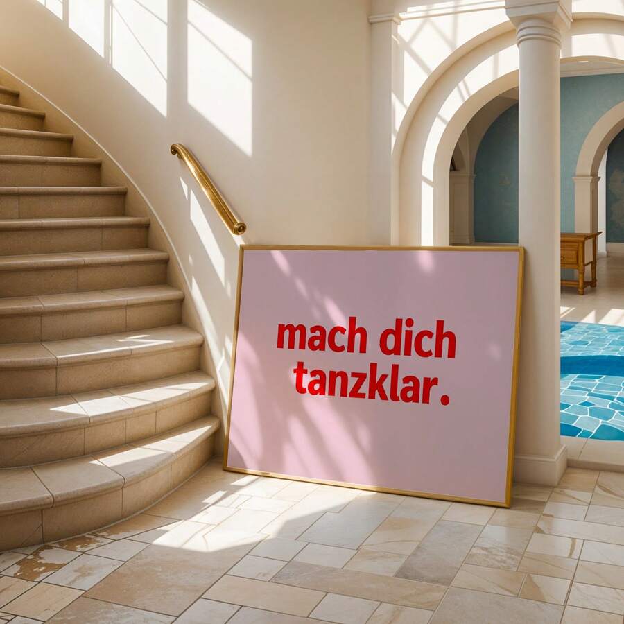 1 pièce Impression sur canevas murale verticale sans cadre, fond rose pâle, citation allemande rouge << Mach Dich Tanzklar », affiche typographique, décoration murale thème danse esthétique bohème pour studio de danse, chambre, salon, club, maison de style western, cadeau inspirant