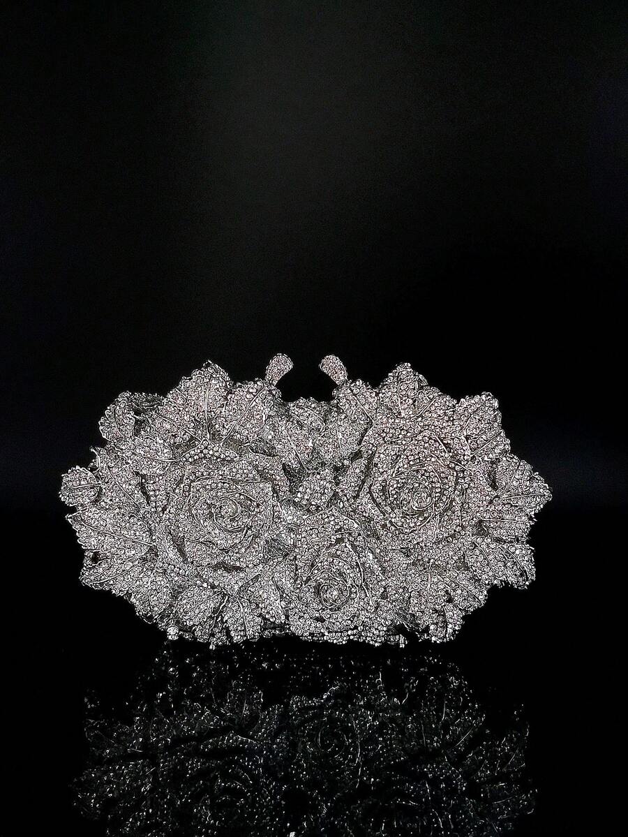 Glamorous,Elegant,Exquisite Luxurious Flower Crystal Evening Bags For Women,Formal Wedding Party Handbag Purse Floral Crystal Handbag, All Handmade Metal Rhinestone Dinner Bags,Vintage Sequin Clutch Wedding Party Prom Bag, Chain Crossbody Evening Purse, Perfect Bride Purse For Wedding, Prom & Party Events,Best Gifts For Ladies - 銀色 - 查看 1