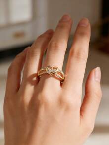 1 pièce Bague décorative en cristal en forme de cœur élégante, convenant pour le port quotidien des femmes, les fêtes, les banquets, les festivals et autres occasions - Doré - Voir 4