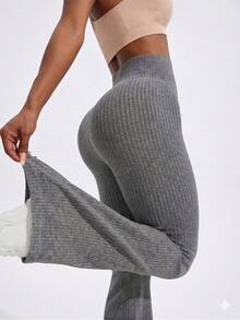 Leggings de ioga femininas de cor sólida, cintura alta e caneladas, modeladoras de bumbum, cintura fina, casuais, justas, respiráveis, ideais para exercícios, ioga, academia, esportes, passeios e férias. - Cinza - Ver 1