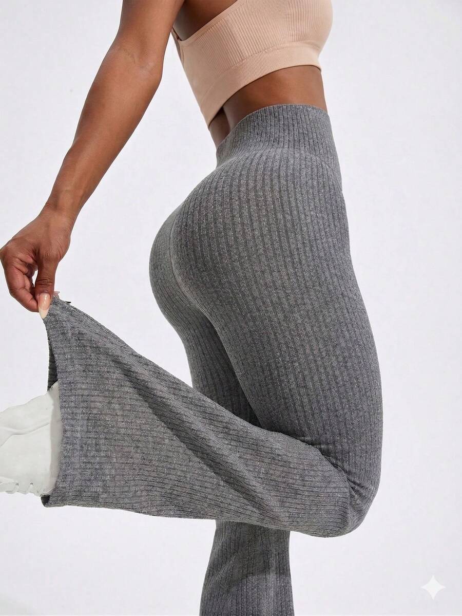 Leggings de ioga femininas de cor sólida, cintura alta e caneladas, modeladoras de bumbum, cintura fina, casuais, justas, respiráveis, ideais para exercícios, ioga, academia, esportes, passeios e férias. - Cinza - Ver 1