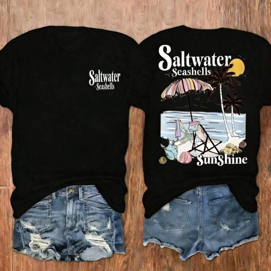 Women's Seashells & Beach Palm Tree Vacation Print T-Shirt, Casual Vacation Women's Short Sleeve Top, Women's Clothing - 黑色 - 查看 1