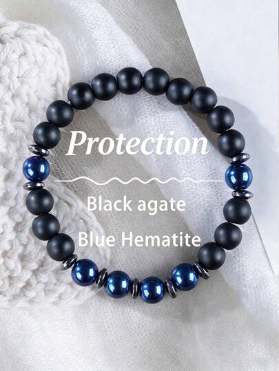 YAUKIA 1Pc Natural Black Agate&Blue Hematite Bracelets For Men, Cleansing ,Purification ,Stretch Jewelry,Ideal For Daily Wear
