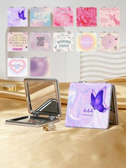 1pc Y2K Cute Vanity Folding Mirror, Lightweight Compact Portable Hand Mirror, Durable PU Leather, Suitable For Multiple Scenarios, Featuring Butterfly, Letter, Number, Flower, Star, Heart Printed Design, Folding Structure, Reliable And Scratch-Resistant, Convenient To Carry
