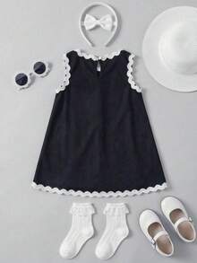 4-8岁女童黑色无袖连衣裙 | 白色荷叶边蕾丝A字连衣裙，甜美公主风，适合日常穿着 - 黑色 - 查看 4