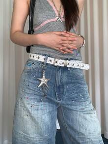 1pc White PU Material Niche Star Studded Sequin Personalized Belt - White - View 2