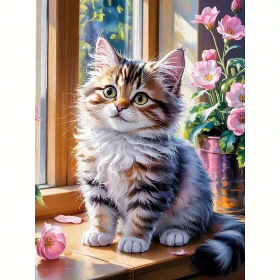 1 Buah Kit Lukisan Berlian 5D DIY Pola Kucing - Seni Mosaik Berlian Bulat Penuh, Dekorasi Dinding Rumah, Tanpa Bingkai - Tanpa Bingkai - View 1