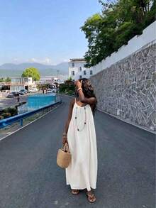 女士宽松露背吊带连衣裙，波西米亚海滩度假风休闲纯色派对连衣裙 - 白色 - 查看 3