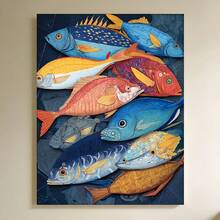 Framed 1 póster de arte mural costero enmarcado -  estilo manga, decoración náutica mediterránea con vida marina vibrante en azul, naranja y dorada para verano - lienzo envuelto para cocina, comedor o sala de estar - instalación fácil con gancho/pasta/montaje, decoración marina versátil, plano 2D - Enmarcado - Ver 6
