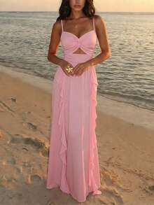 Robe de soirée longue pour femmes, couleur unie, sexy et élégante, avec dos nu, torsadée, froncée et volantée, pour soirée, mariage et cérémonie, couleur rose - Rose bonbon - Voir 6
