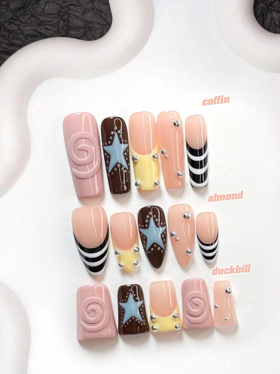 10pcs Elegant Handmade Manicure Set, Including Gel Nail Kit, Hand-Painted Gradient Purple Flower Nail Decor, Hand-Painted Solid Color Water Wave Nail Art, Gradient Purple Nail Polish, Wedding Manicure Set, With Nail Tools (1 Jelly Sticker + 1 Nail File). Provided In 3 Shapes: Almond, Duck Mouth, Coffin - 彩色 - 查看 1