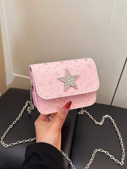 时尚星形五金装饰小方包，女士休闲链条包，磁扣翻盖，适合各种场合。