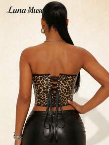 Top court bandeau imprimé léopard printemps/été pour femmes Luna Muse, bustier ajusté rétro sexy, débardeur court asymétrique style Y2K, look et chic, convient pour le quotidien, décontracté, streetwear, rendez-vous, fête, festival de musique, style punk, bar, performance, sexy, Saint-Valentin - Noir - Voir 5