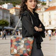 Women's Colorful Patchwork Tote Bag, Retro Quilted Shoulder Bag, Commuter Underarm Bag - Volcanic Gray - View 3