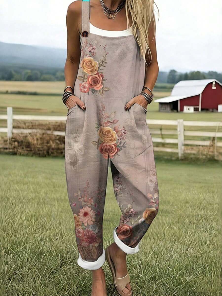 Vintage Rose Flower Print Women's Adjustable Strap Overalls, Polyester Fabric, Lightweight & Breathable, Women's Clothing, Regular Women's Clothing, Women's Jumpsuits & Rompers, Women's Jumpsuit, Women's Plus Size Jumpsuit - 彩色 - 查看 1