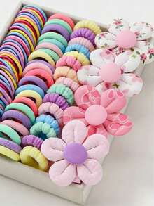 205pcs Cute Floral Hair Accessories Set, Including 3D Flower Hair Clips, Hair Scrunchies And Headbands, Suitable For Girls Daily Wear - Multicolor - View 5
