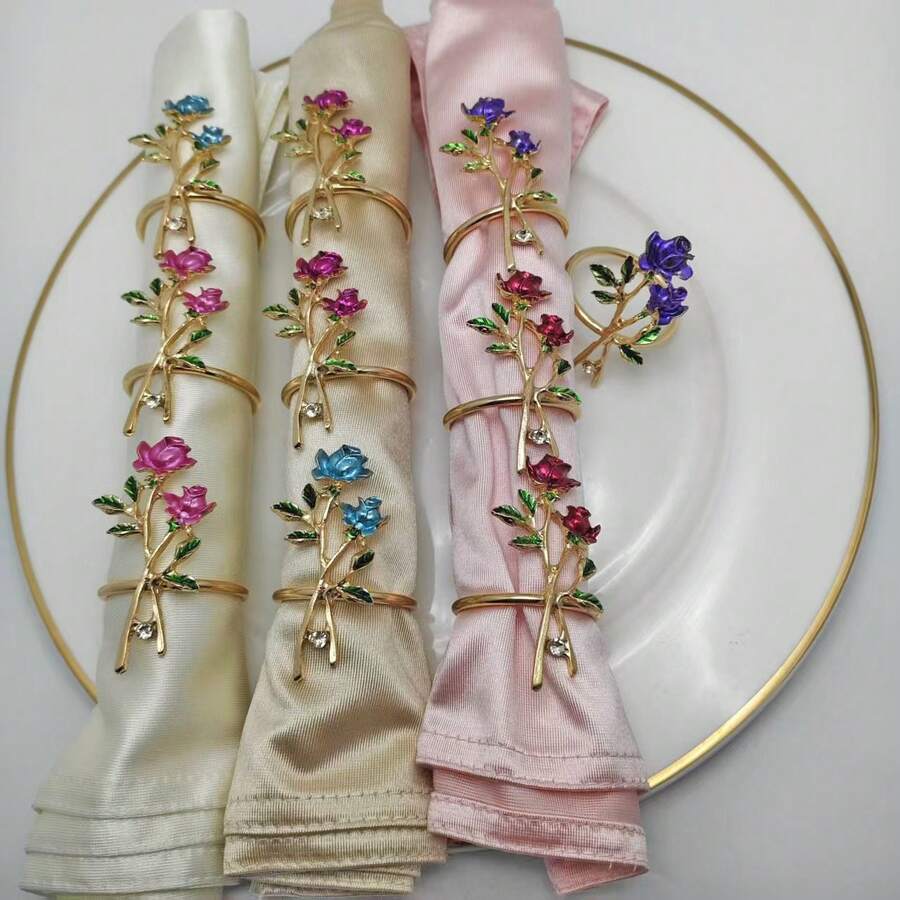 12个装复古3D玫瑰花合金餐巾环，水晶花餐巾架 - 紅色 - 查看 1