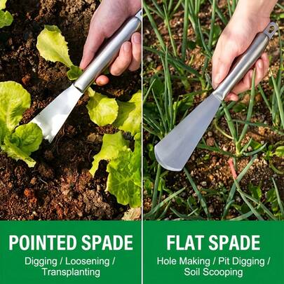 Juego de 2 en 1 de azadas de acero inoxidable para jardín, con cabezal plano y puntiagudo, herramientas de jardinería para plantar, desmalezar, aflojar la tierra - Ideal para el hogar, la granja, paisajismo profesional - Construcción duradera