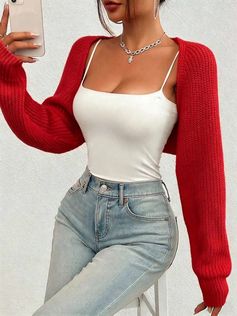 Áo khoác cardigan dệt kim gân tay cánh dơi dáng rộng dành cho nữ - Đỏ - Xem 1