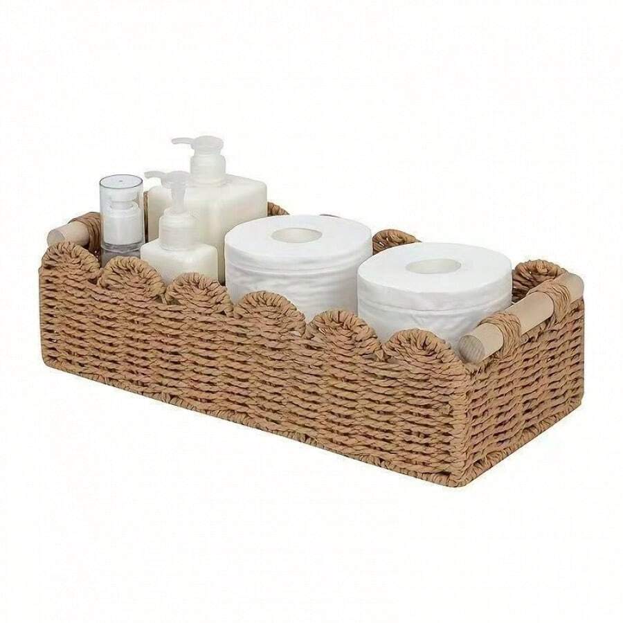 Praktischer Desktop-Aufbewahrungskorb – Hautpflege-Organizer fürs Schlafzimmer, handgewebter Papierseilkorb, Toilettenpapier-Aufbewahrungskorb - Holzgriff mit Zierleiste zur Aufbewahrung. - Übersicht 1